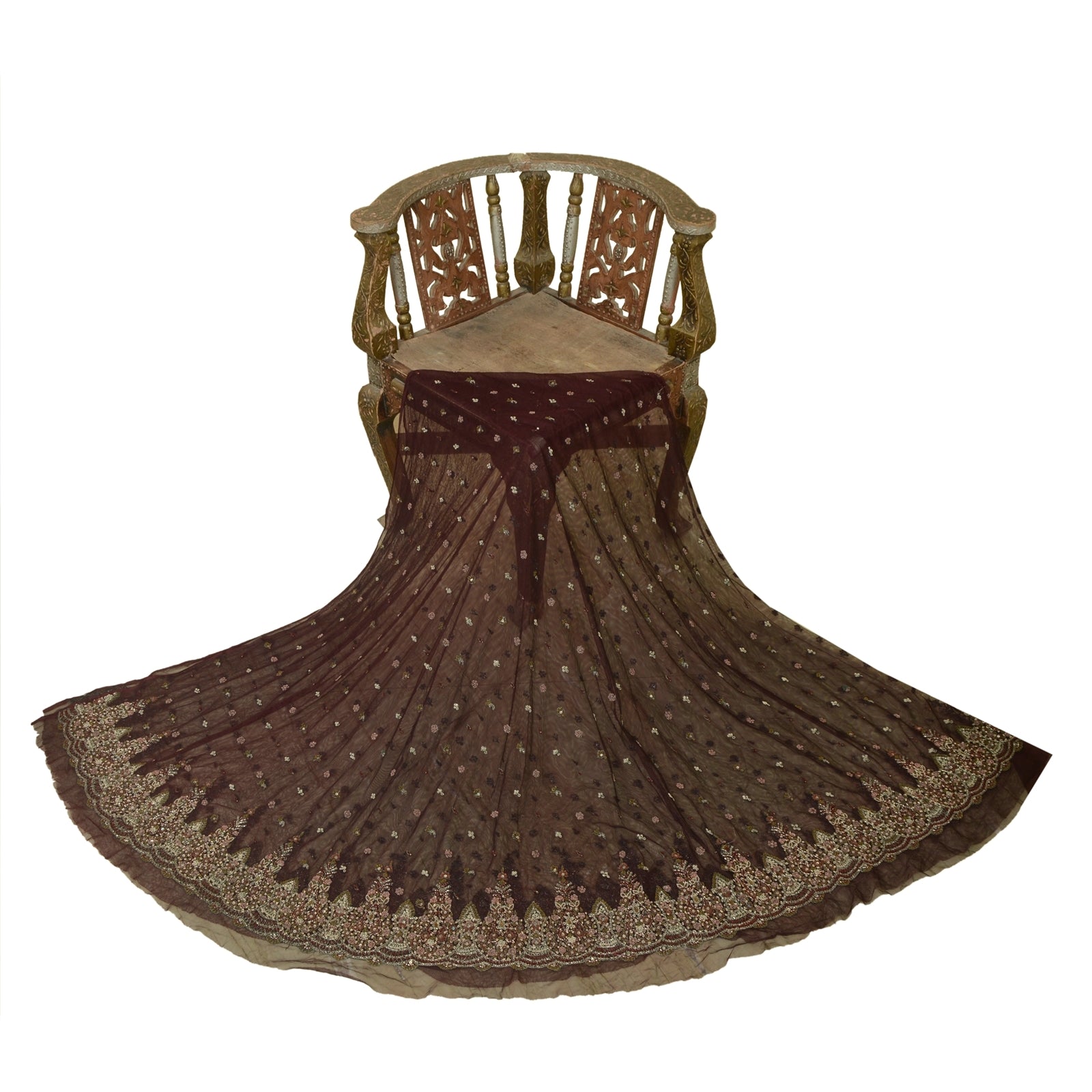 Sanskriti New Brown Net Lehenga India Unstitched Hand Embroidered Zardozi Bridal