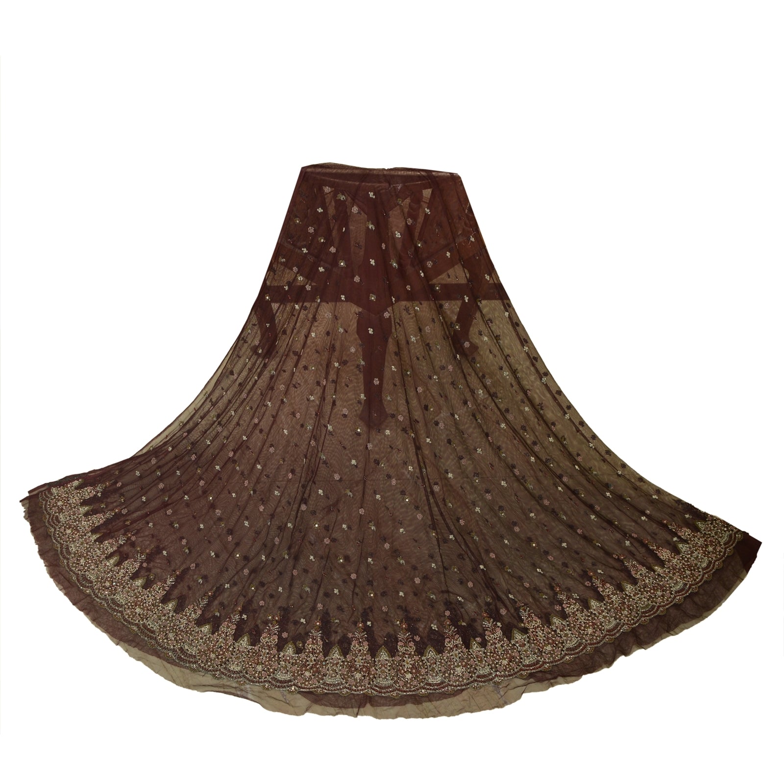 Sanskriti New Brown Net Lehenga India Unstitched Hand Embroidered Zardozi Bridal