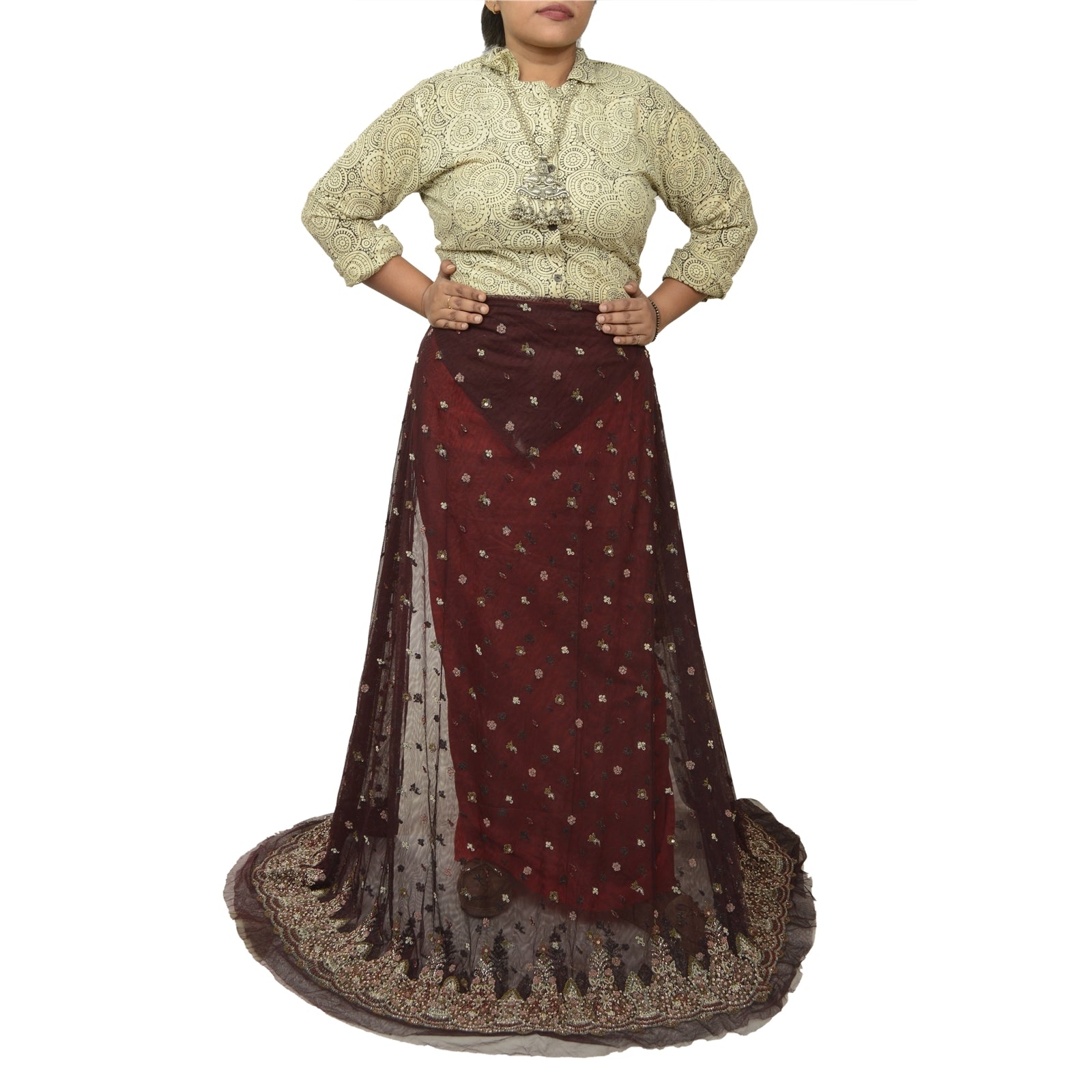 Sanskriti New Brown Net Lehenga India Unstitched Hand Embroidered Zardozi Bridal