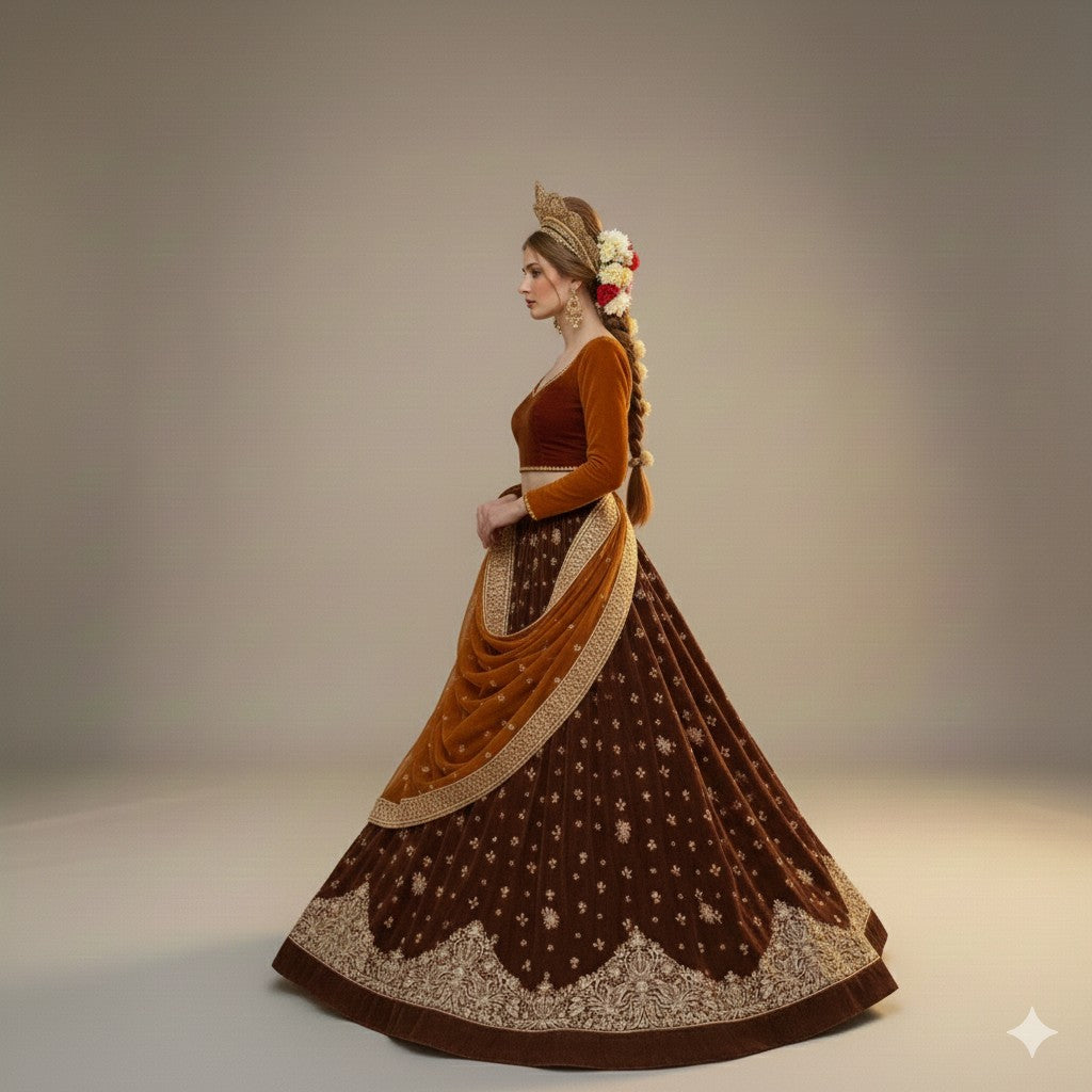 Sanskriti New Brown Net Lehenga India Unstitched Hand Embroidered Zardozi Bridal