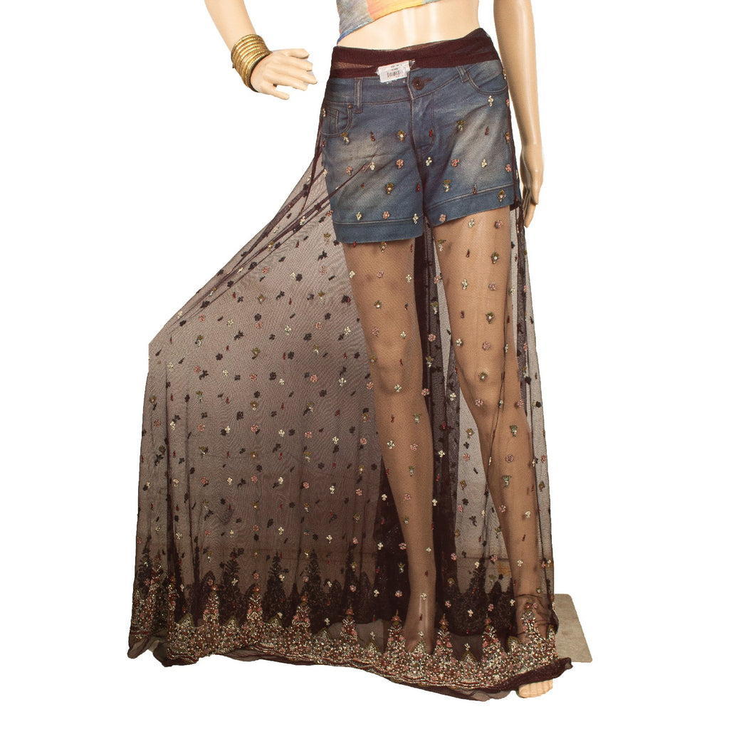 Sanskriti New Brown Net Lehenga India Unstitched Hand Embroidered Zardozi Bridal