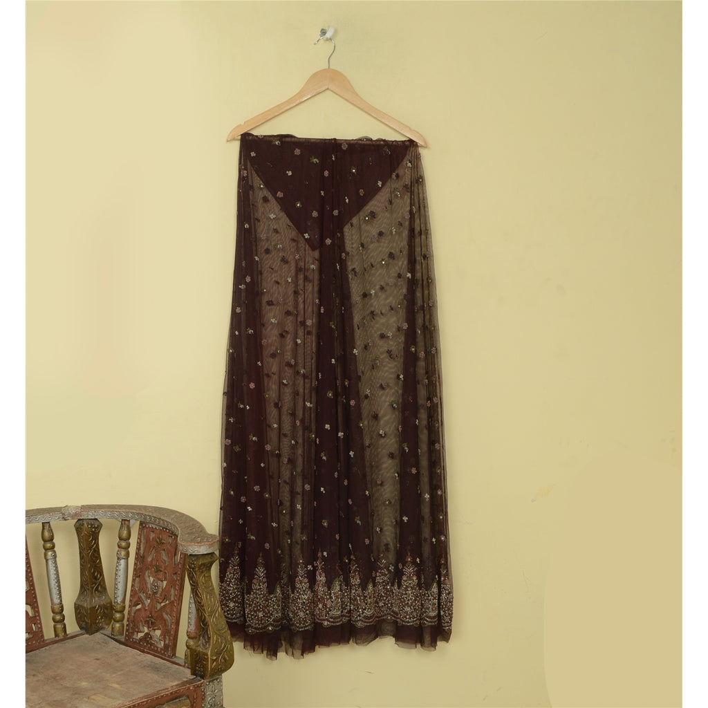 Sanskriti New Brown Net Lehenga India Unstitched Hand Embroidered Zardozi Bridal