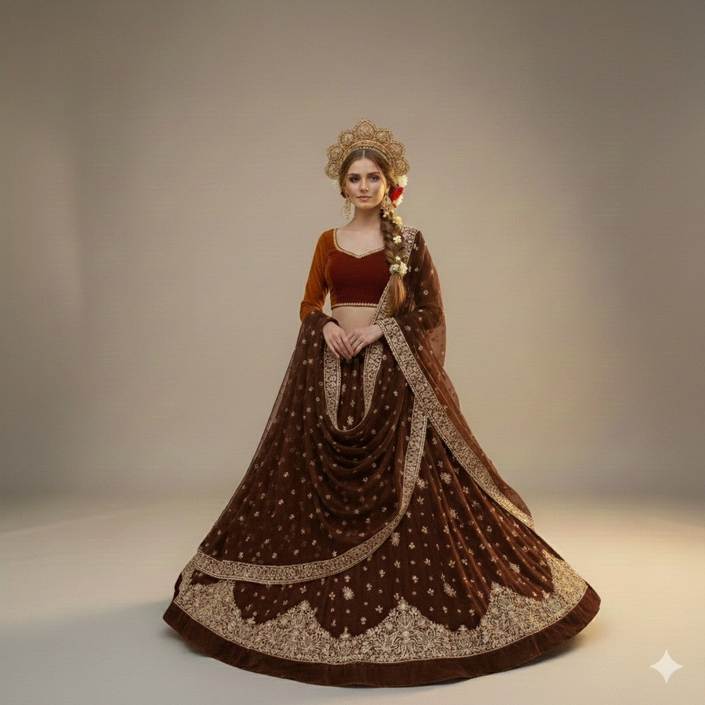 Sanskriti New Brown Net Lehenga India Unstitched Hand Embroidered Zardozi Bridal