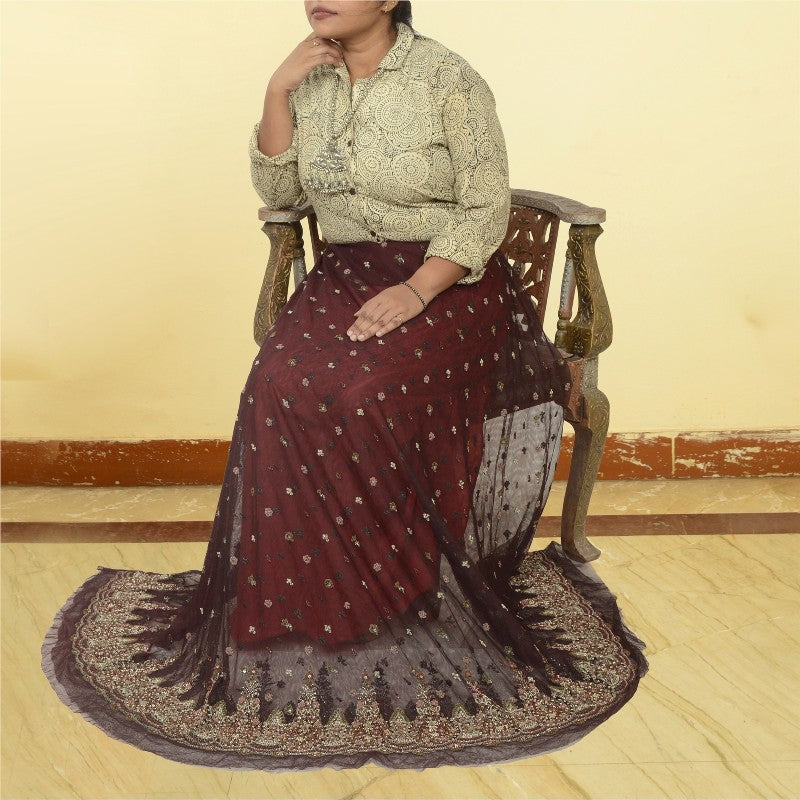 Sanskriti New Brown Net Lehenga India Unstitched Hand Embroidered Zardozi Bridal