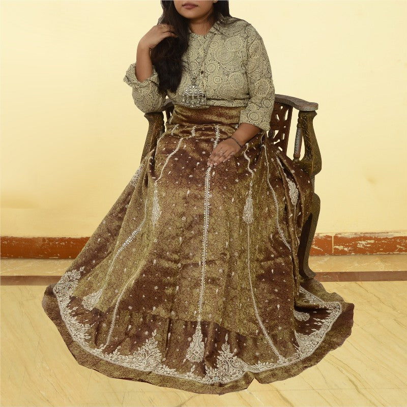 Sanskriti New Brown Pure Silk Unstitched Long Lehenga Hand Embroidered & Woven