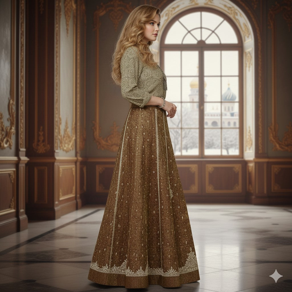 Sanskriti New Brown Pure Silk Unstitched Long Lehenga Hand Embroidered & Woven