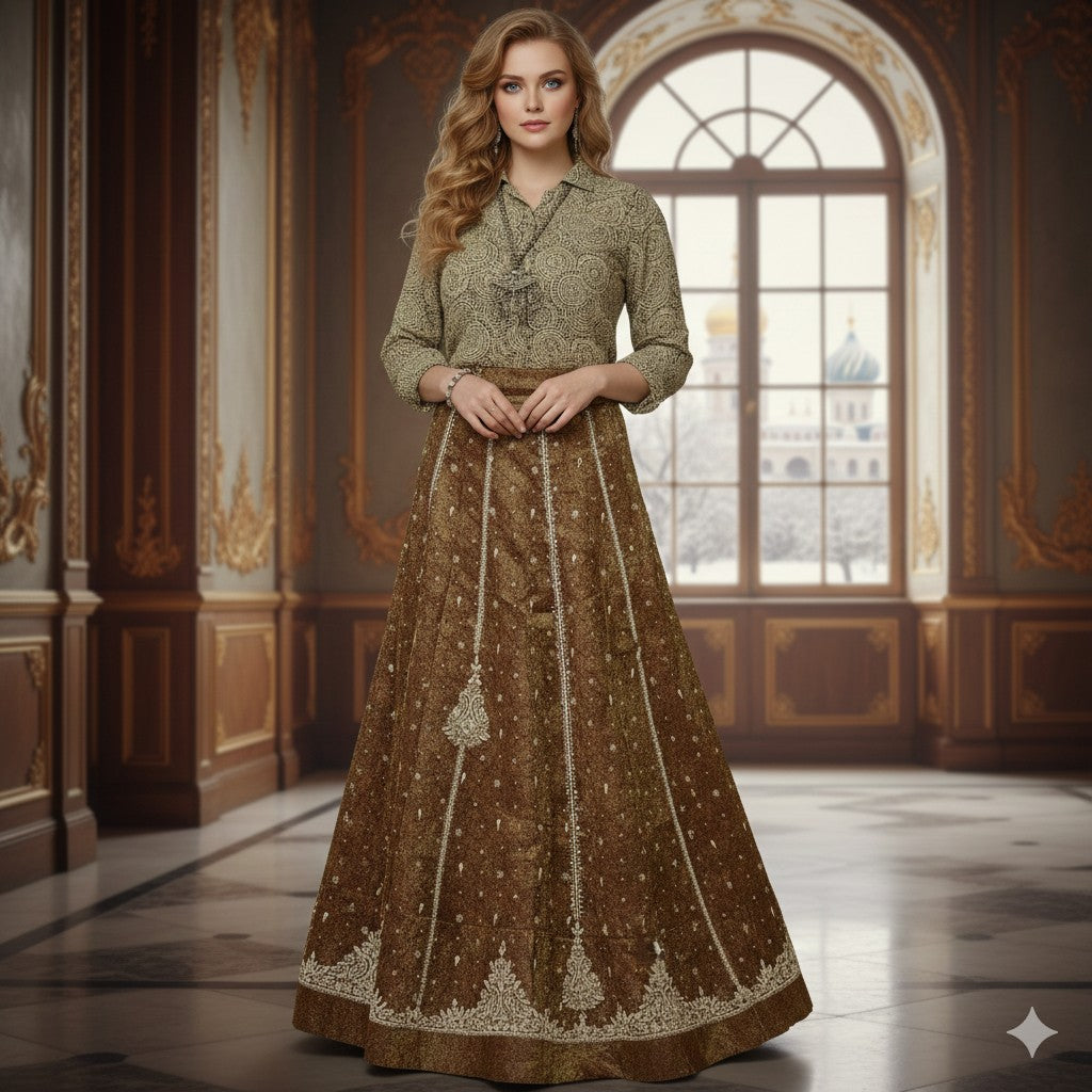 Sanskriti New Brown Pure Silk Unstitched Long Lehenga Hand Embroidered & Woven