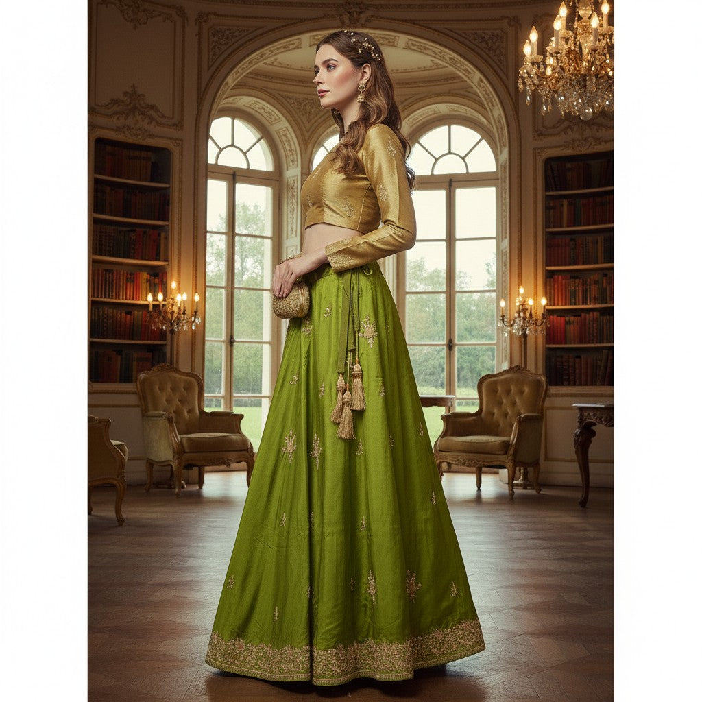 Sanskriti Vintage Green Pure Satin Silk Lehenga Stitched Hand Embroidery Zardozi