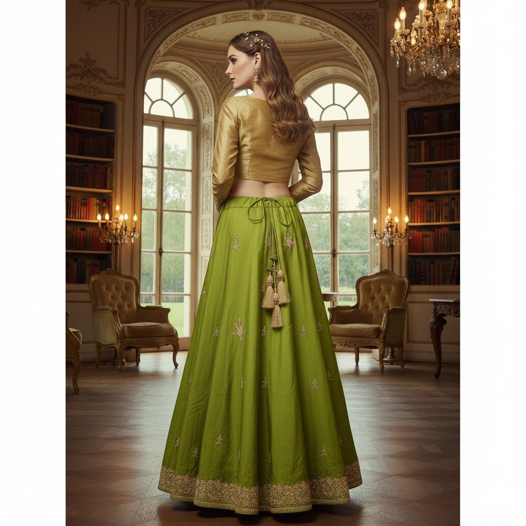 Sanskriti Vintage Green Pure Satin Silk Lehenga Stitched Hand Embroidery Zardozi