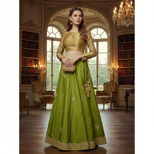 Sanskriti Vintage Green Pure Satin Silk Lehenga Stitched Hand Embroidery Zardozi
