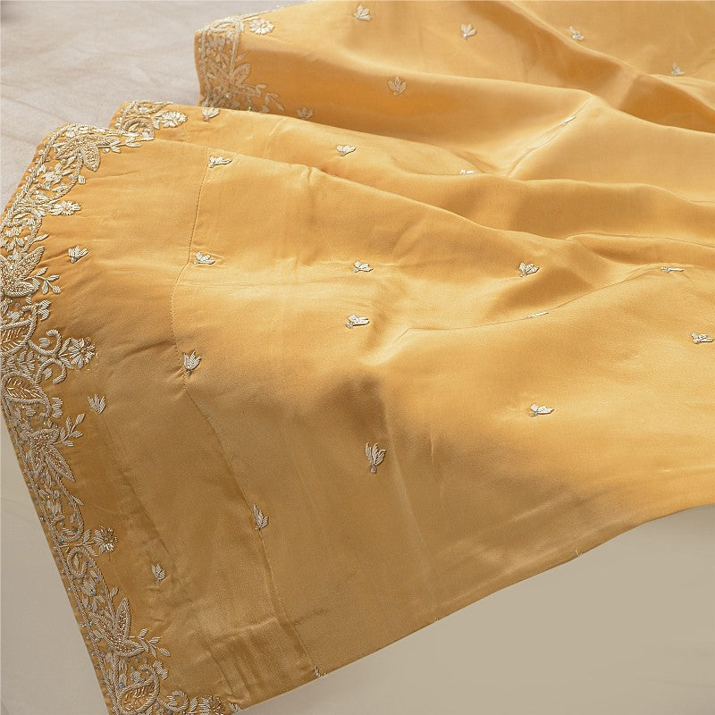 Sanskriti New Beige Long Unstitched Lehenga Pure Silk Hand Embroidered Zardozi