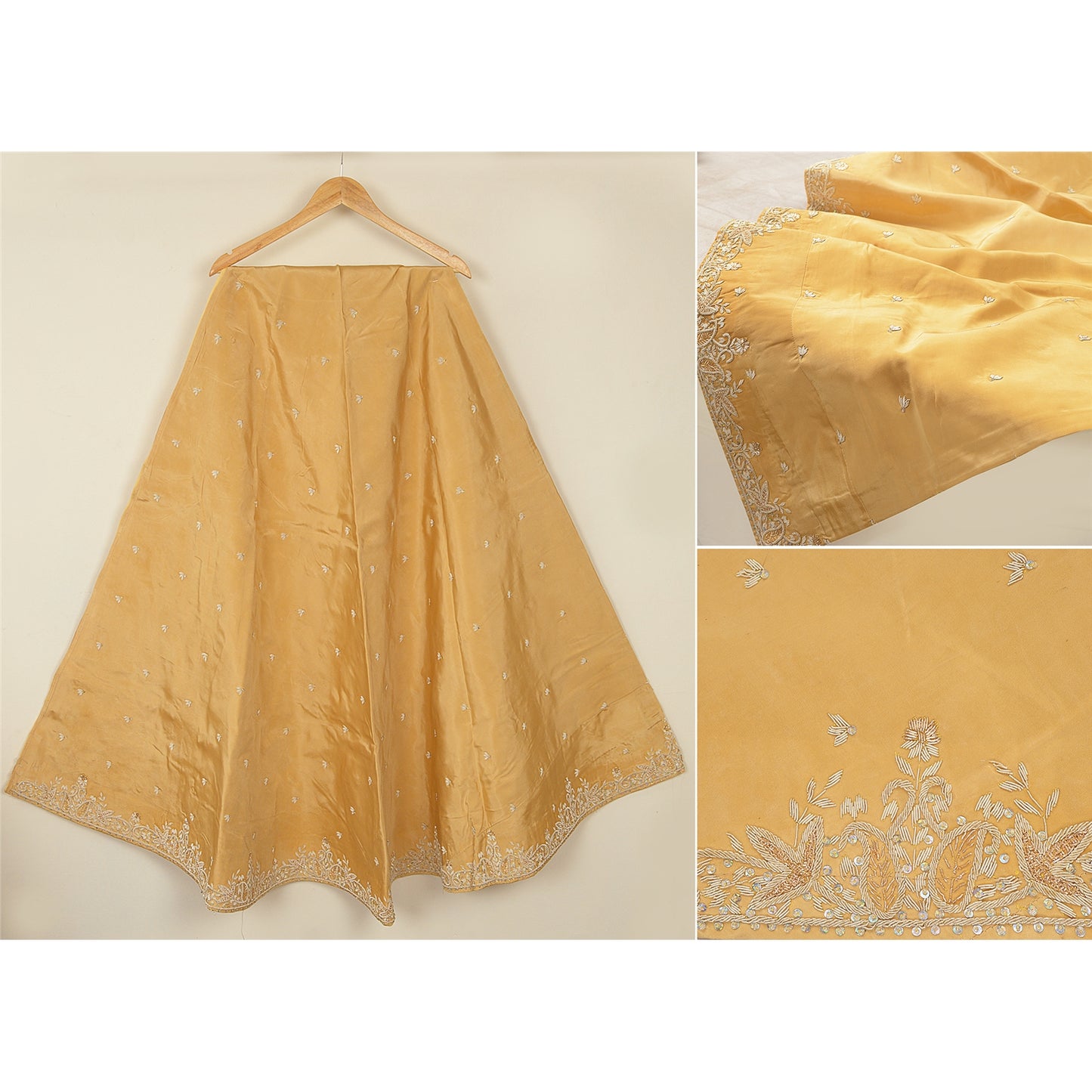 Sanskriti New Beige Long Unstitched Lehenga Pure Silk Hand Embroidered Zardozi