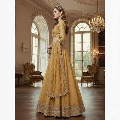 Sanskriti New Beige Long Unstitched Lehenga Pure Silk Hand Embroidered Zardozi
