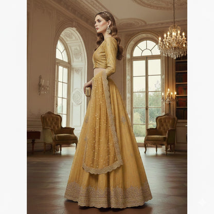 Sanskriti New Beige Long Unstitched Lehenga Pure Silk Hand Embroidered Zardozi