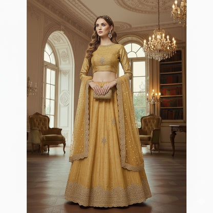 Sanskriti New Beige Long Unstitched Lehenga Pure Silk Hand Embroidered Zardozi