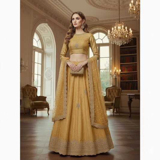 Sanskriti New Beige Long Unstitched Lehenga Pure Silk Hand Embroidered Zardozi
