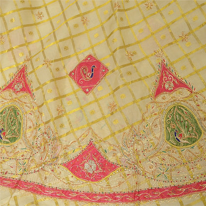 Sanskriti New Golden Pure Organza Lehenga Unstitched Peacock Hand Beaded Bridal