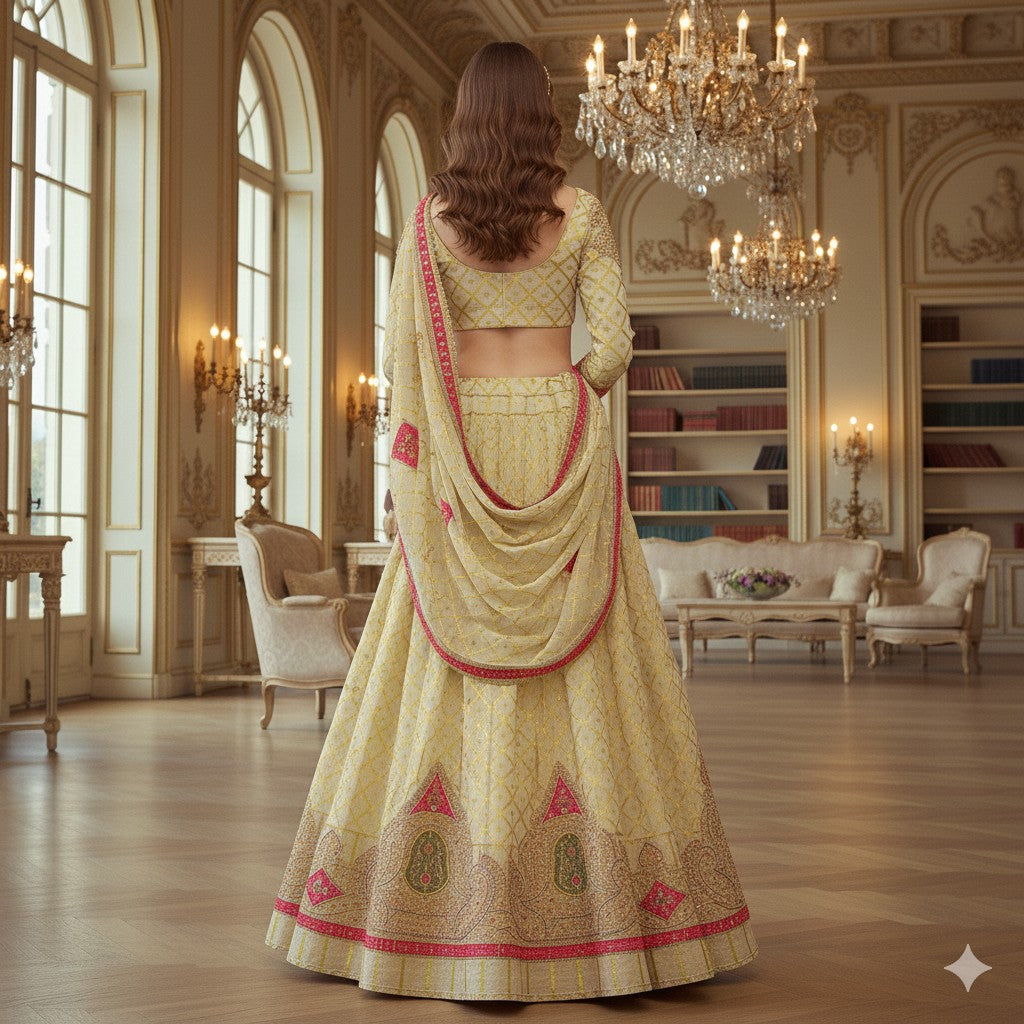 Sanskriti New Golden Pure Organza Lehenga Unstitched Peacock Hand Beaded Bridal