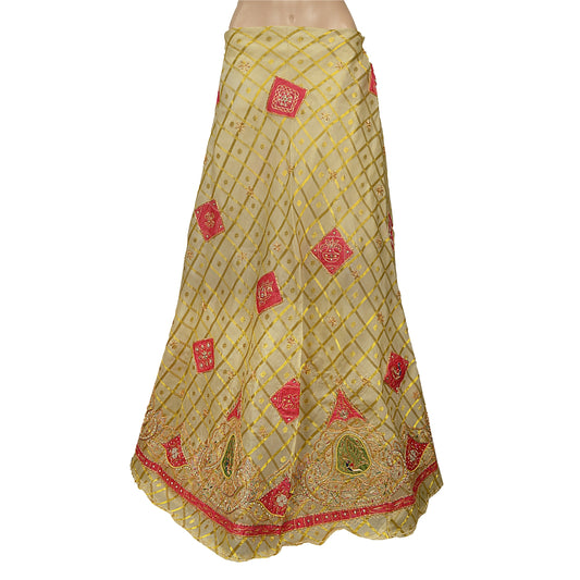 Sanskriti New Golden Pure Organza Lehenga Unstitched Peacock Hand Beaded Bridal