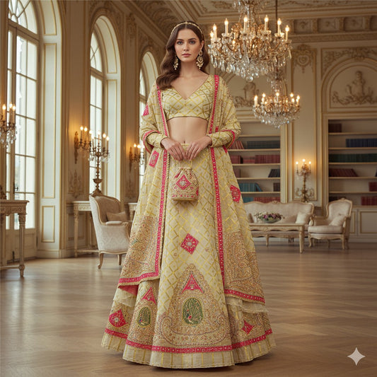 Sanskriti New Golden Pure Organza Lehenga Unstitched Peacock Hand Beaded Bridal