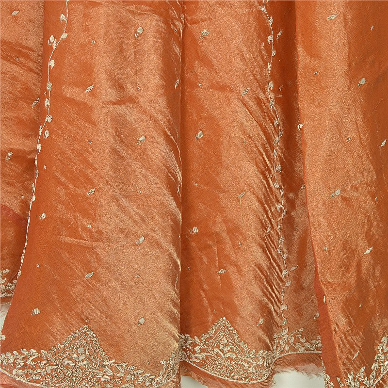 Sanskriti New Orange Long Unstitched Lehenga Tissue Silk Hand Embroidery Zardozi