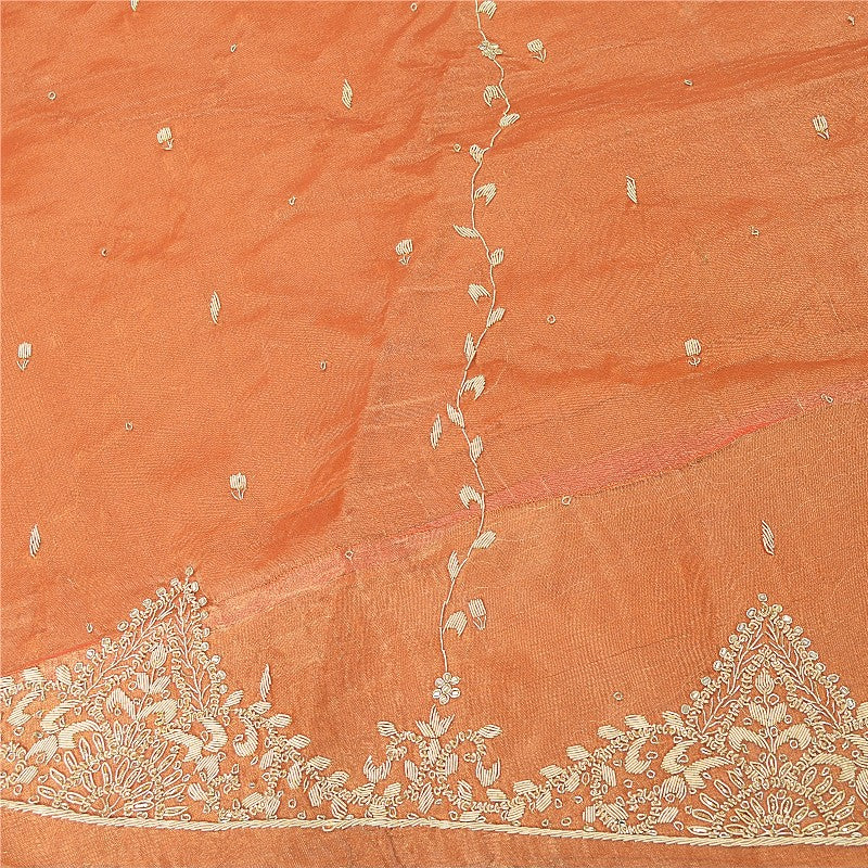 Sanskriti New Orange Long Unstitched Lehenga Tissue Silk Hand Embroidery Zardozi