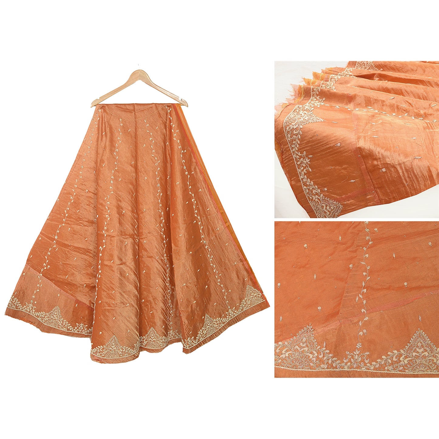 Sanskriti New Orange Long Unstitched Lehenga Tissue Silk Hand Embroidery Zardozi