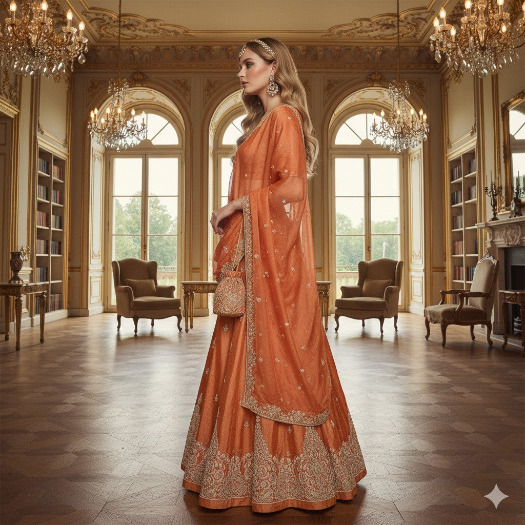 Sanskriti New Orange Long Unstitched Lehenga Tissue Silk Hand Embroidery Zardozi