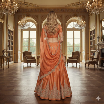 Sanskriti New Orange Long Unstitched Lehenga Tissue Silk Hand Embroidery Zardozi