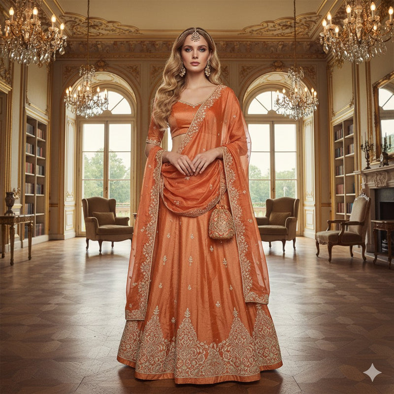 Sanskriti New Orange Long Unstitched Lehenga Tissue Silk Hand Embroidery Zardozi
