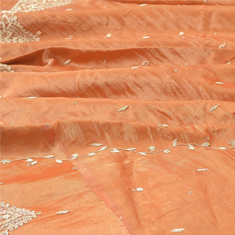 Sanskriti New Orange Long Unstitched Lehenga Tissue Silk Hand Embroidery Zardozi