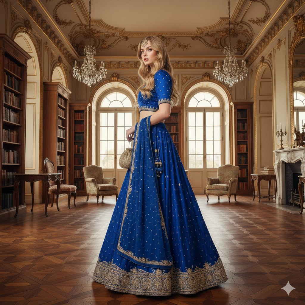 Sanskriti New Blue Pure Satin Silk Lehenga Unstitched Hand Embroidered Zardozi