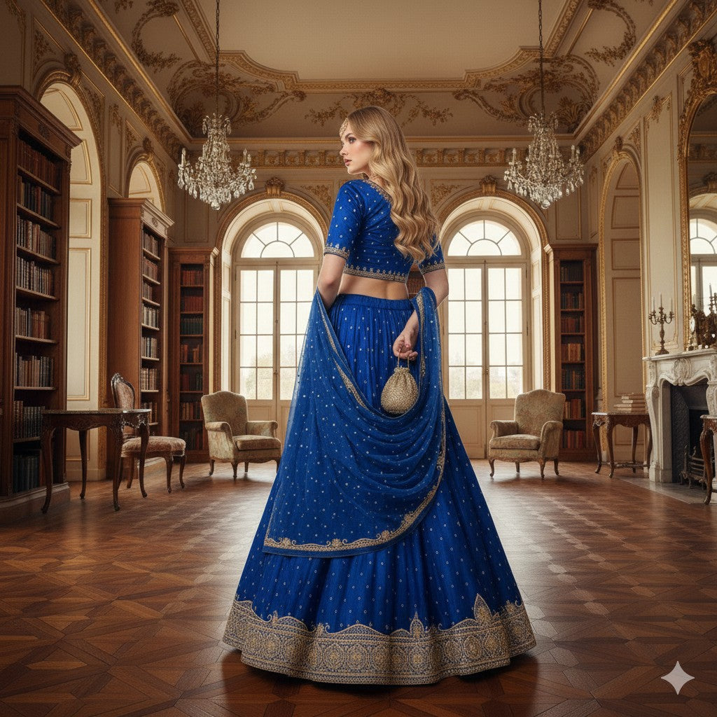 Sanskriti New Blue Pure Satin Silk Lehenga Unstitched Hand Embroidered Zardozi