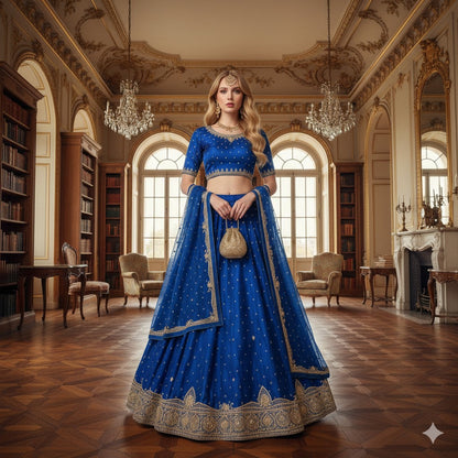 Sanskriti New Blue Pure Satin Silk Lehenga Unstitched Hand Embroidered Zardozi