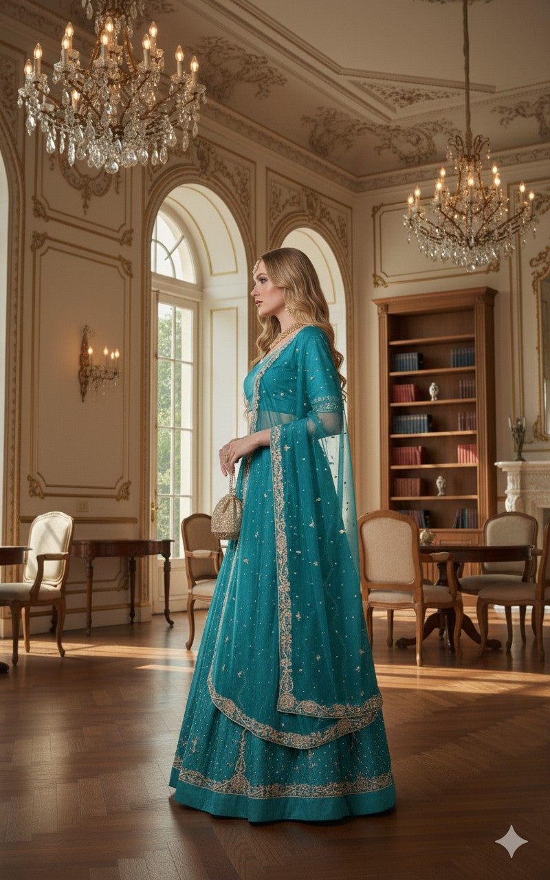 Sanskriti New Blue Pure Satin Silk Lehenga Unstitched Hand Embroidered Zardozi