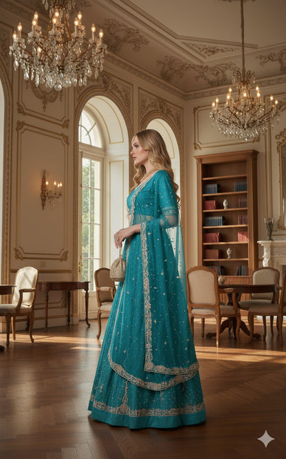 Sanskriti New Blue Pure Satin Silk Lehenga Unstitched Hand Embroidered Zardozi