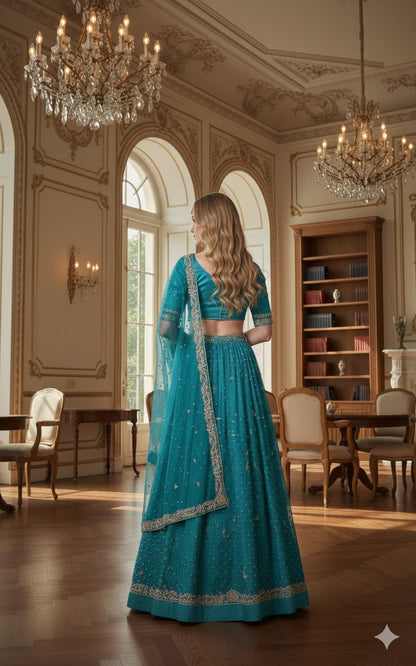 Sanskriti New Blue Pure Satin Silk Lehenga Unstitched Hand Embroidered Zardozi