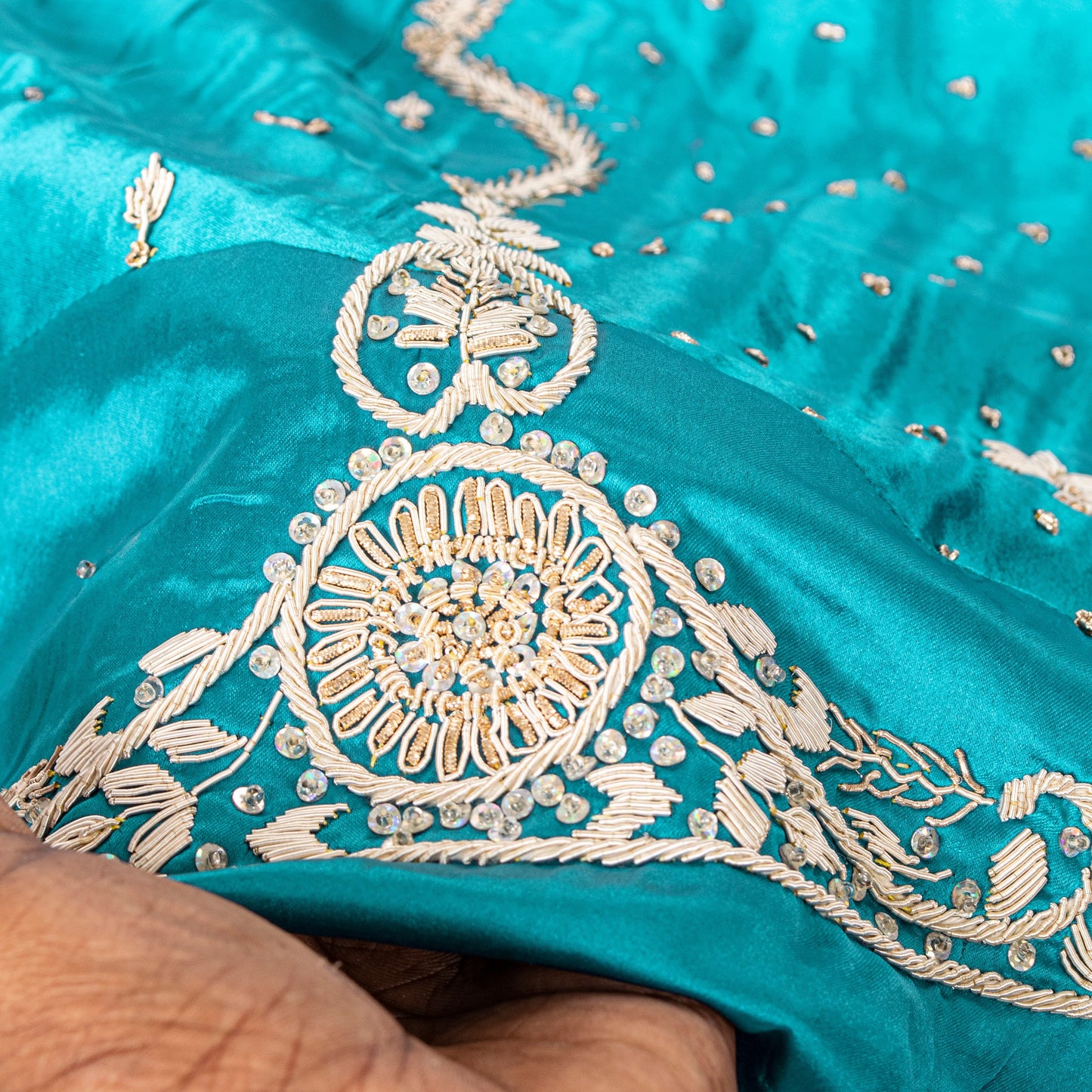 Sanskriti New Blue Pure Satin Silk Lehenga Unstitched Hand Embroidered Zardozi
