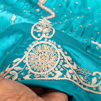 Sanskriti New Blue Pure Satin Silk Lehenga Unstitched Hand Embroidered Zardozi