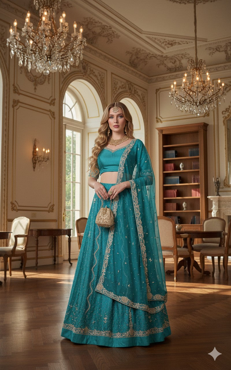 Sanskriti New Blue Pure Satin Silk Lehenga Unstitched Hand Embroidered Zardozi