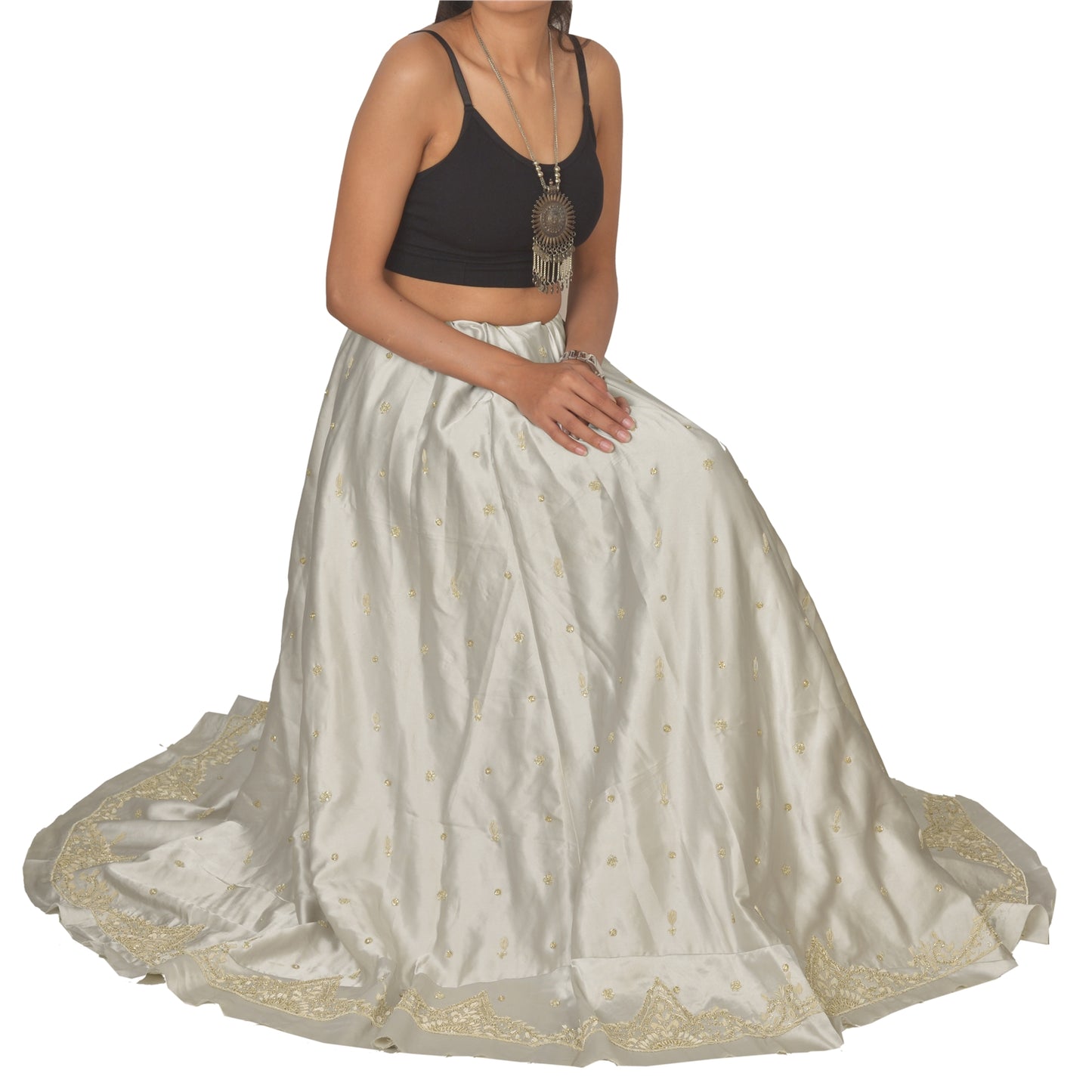 Sanskriti New Gray Long Unstitched Lehenga Pure Satin Hand Embroidered Zardozi