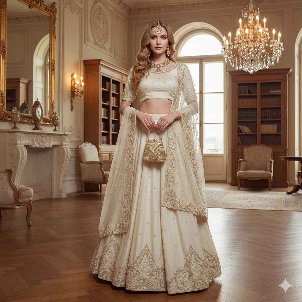 Sanskriti New Gray Long Unstitched Lehenga Pure Satin Hand Embroidered Zardozi