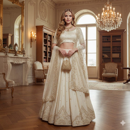Sanskriti New Gray Long Unstitched Lehenga Pure Satin Hand Embroidered Zardozi