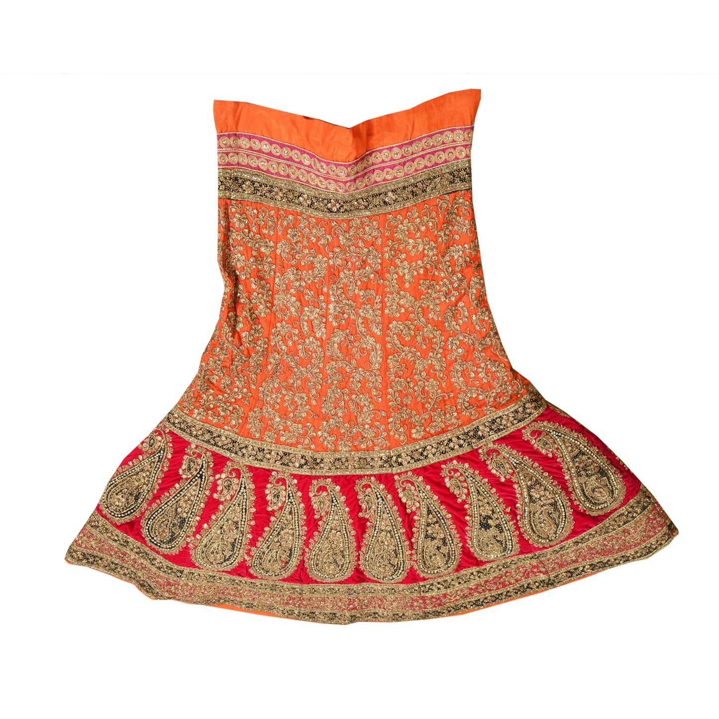 Sanskriti Vintage Orange & Red Long Stitch Lehenga Pure Silk Handmade Dabka Gota