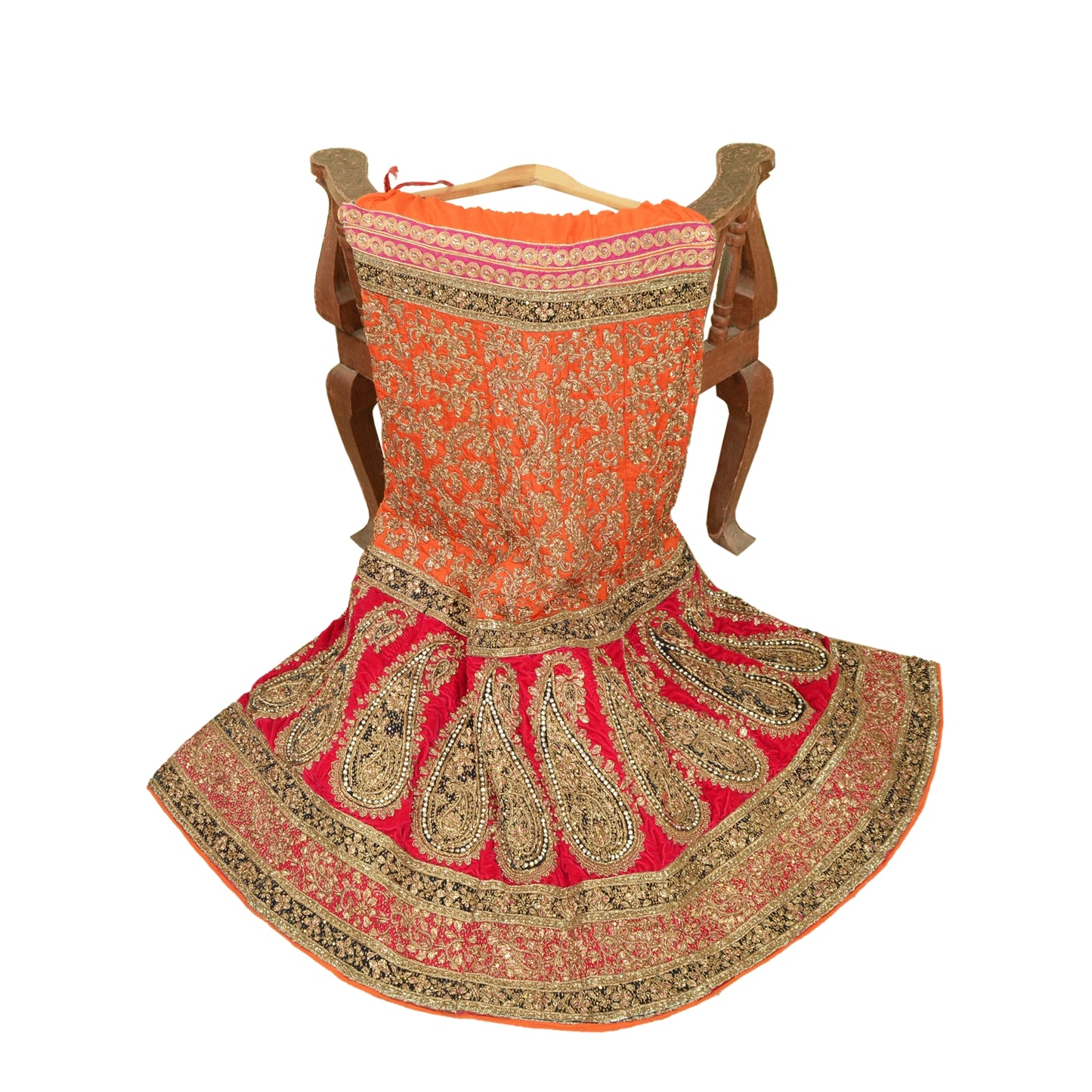 Sanskriti Vintage Orange & Red Long Stitch Lehenga Pure Silk Handmade Dabka Gota