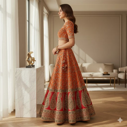 Sanskriti Vintage Orange & Red Long Stitch Lehenga Pure Silk Handmade Dabka Gota