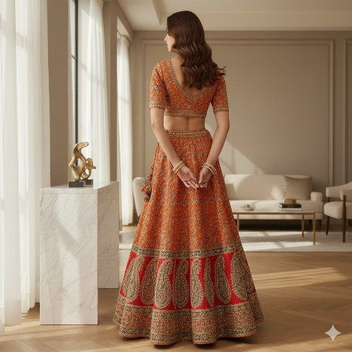 Sanskriti Vintage Orange & Red Long Stitch Lehenga Pure Silk Handmade Dabka Gota