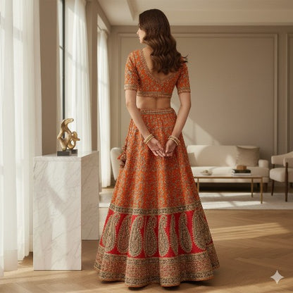 Sanskriti Vintage Orange & Red Long Stitch Lehenga Pure Silk Handmade Dabka Gota