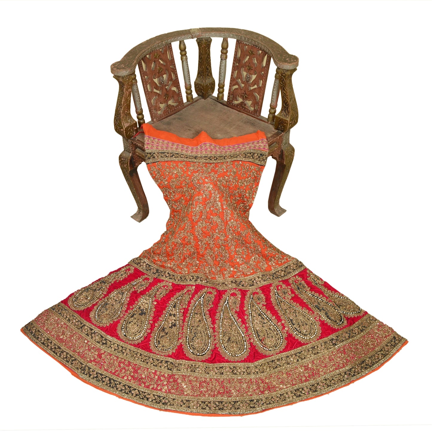 Sanskriti Vintage Orange & Red Long Stitch Lehenga Pure Silk Handmade Dabka Gota