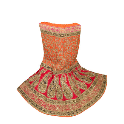 Sanskriti Vintage Orange & Red Long Stitch Lehenga Pure Silk Handmade Dabka Gota